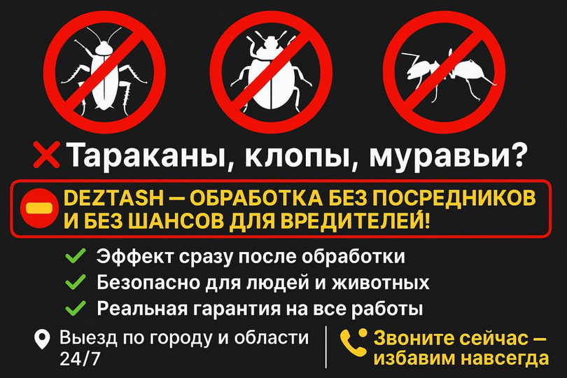 Эффективная дезинфекция от Deztash: избавьтесь от насекомых навсегда Хотите избавиться от тараканов, клопов, муравьев, блох и других вредителей без посредников — компания Deztash станет для вас идеальным решением.