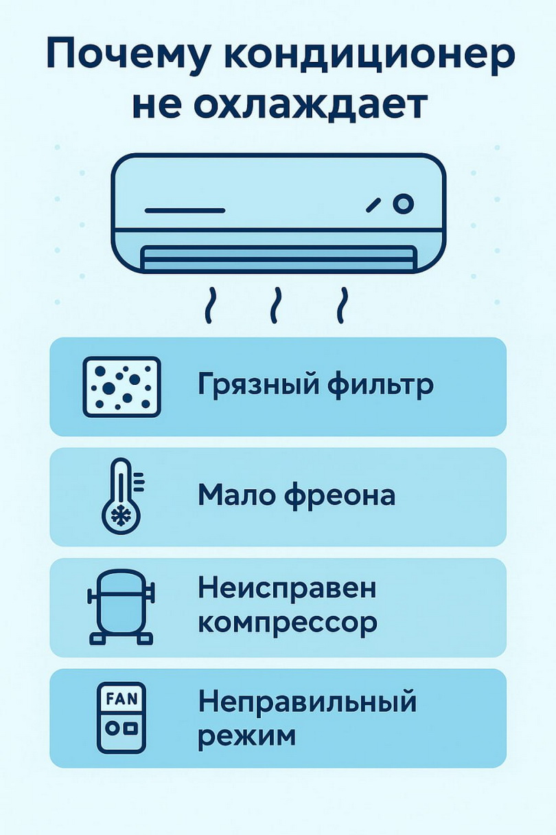 Инфографика причин, почему кондиционер не охлаждает Сводная инфографика с основными причинами, по которым кондиционер дует, но не охлаждает воздух.