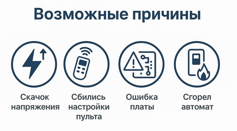 Причины, по которым кондиционер не включается Инфографика с иконками: скачок напряжения, сбитые настройки пульта, ошибка платы, перегрев, сгоревший автомат