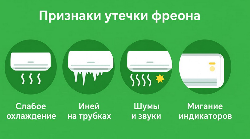 Основные признаки нехватки фреона в кондиционере Инфографика с визуальным объяснением симптомов: слабое охлаждение, иней на трубках, шумы, мигание индикаторов.