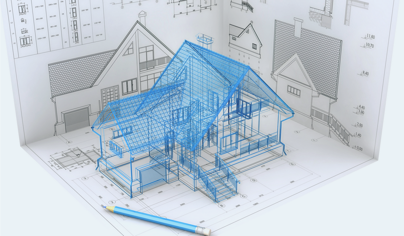 BIM-модель здания на цифровом планшете Панель управления с цифровым чертежом здания (BIM)