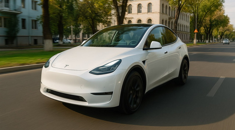 Tesla Model Y на дороге в Ташкенте Tesla Model Y в городском пейзаже Ташкента
