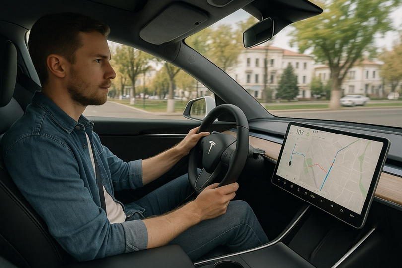 Тест-драйв Tesla в Узбекистане Клиент за рулем Tesla во время тест-драйва