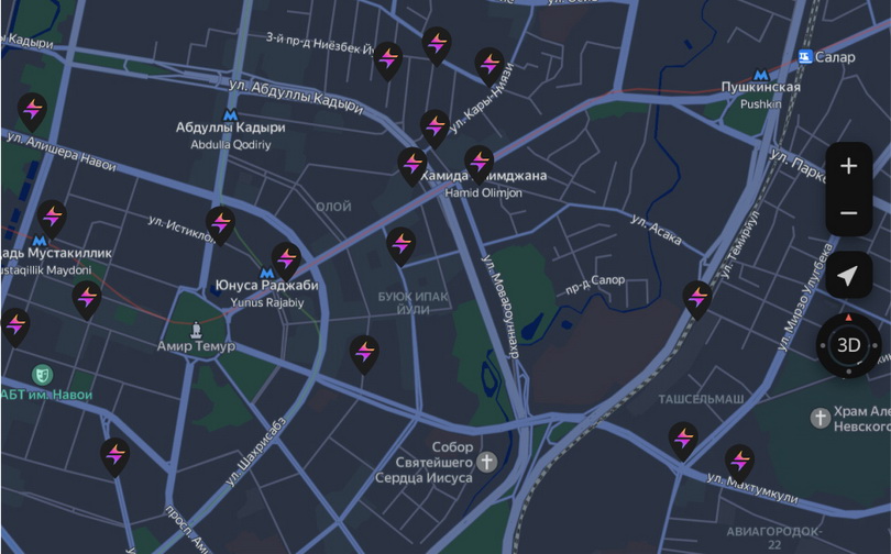 Карта зарядных станций для электромобилей в Ташкенте Актуальная карта зарядной инфраструктуры, подходящей для Zeekr и других EV в Ташкенте.